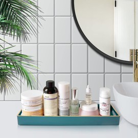 MAONAME Green Bathroom Tray, Plastic Vanity Tray, Countertop Tray, Gold Edged Decorative Tray with Handles, Perfume Organizer for Dresser, Bathroom Accessories, 13.8" x 6" x 1.57"