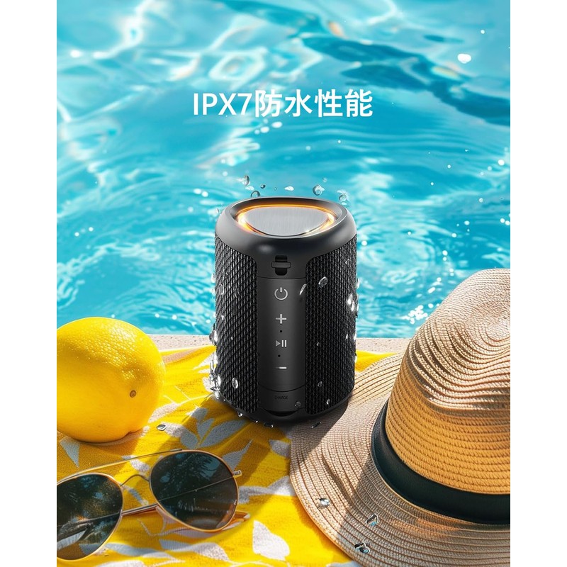 Cooboom Bluetooth Speaker, IPX7 Waterproof, Portable Speaker with LED Light,