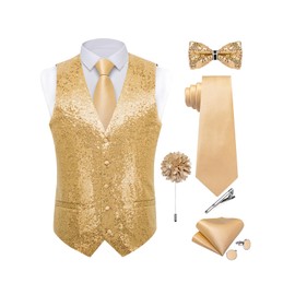 DiBanGu Mens Sequins Vest and Tie Set Solid V-Neck Shiny Dress Waistcoat Bowtie with pocket square for Prom Party Tuxedo, Champagne, X-Large