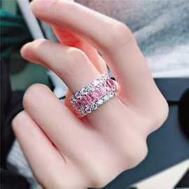 AZQ 925 Sterling Silver Shiny Full Diamond Ring Cocktail Rings Pink Cubic Zirconia Anniversary Promise CZ Multi Row Eternity Engagement Wedding Band for Women TZ.94 (US Code 8)