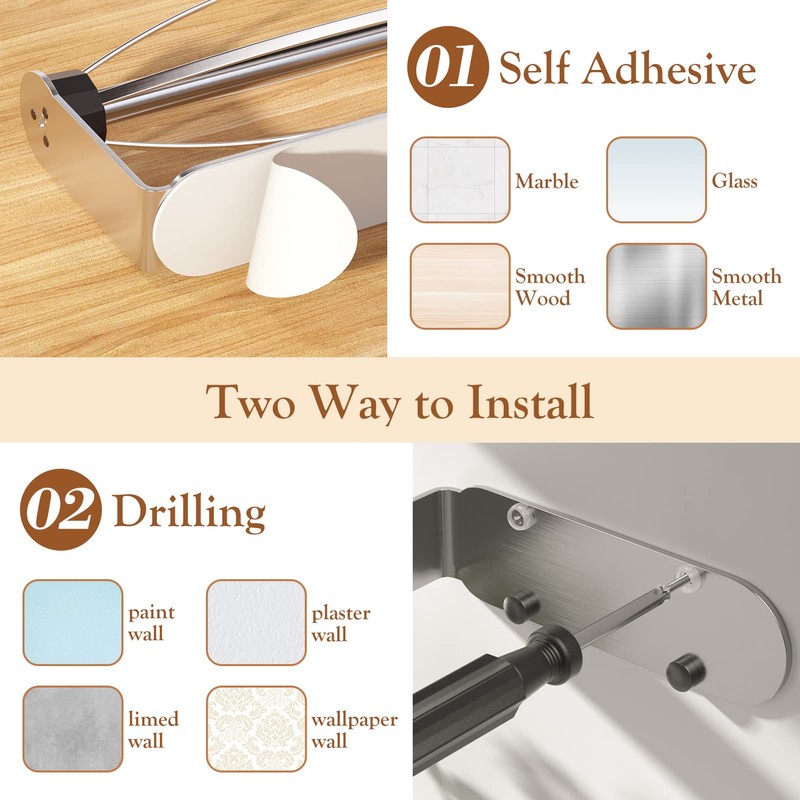 Paper Towel Holder Under Cabinet + Towel Robe Hooks, Single