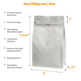 White Kraft Coffee Bags with Side Gusset, Resealable Stand-Up Coffee Pouches with Side Zipper, Degassing Valve for Coffee (Size: 3.75 x 7.25", 4oz/0.25lb, Pack of 100)