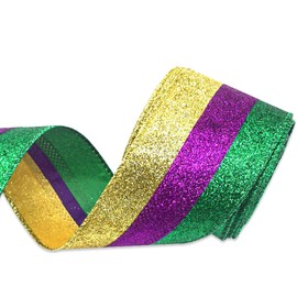 Hying Mardi Gras Ribbons for Wreath Bows, 2.5"×10 Yards Fat Tuesday Wired Edge Ribbons Glitter Gold Purple Green Ribbons for Crafting New Orleans Carnival Party Decoration Supplies