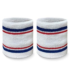 COUVER Tennis Style Premium Quality Athletic Terry Wristband Sweatband, 1 Pair, 4 inch White/Blue/Red