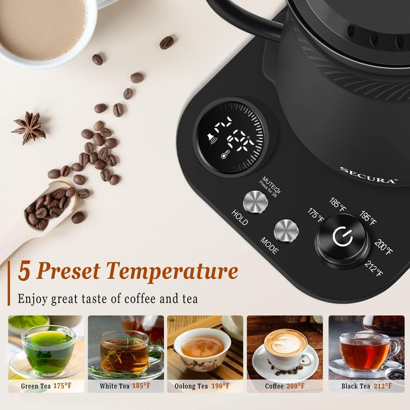 Secura Electric Gooseneck Kettle, 5 Variable Presets for Coffee Tea