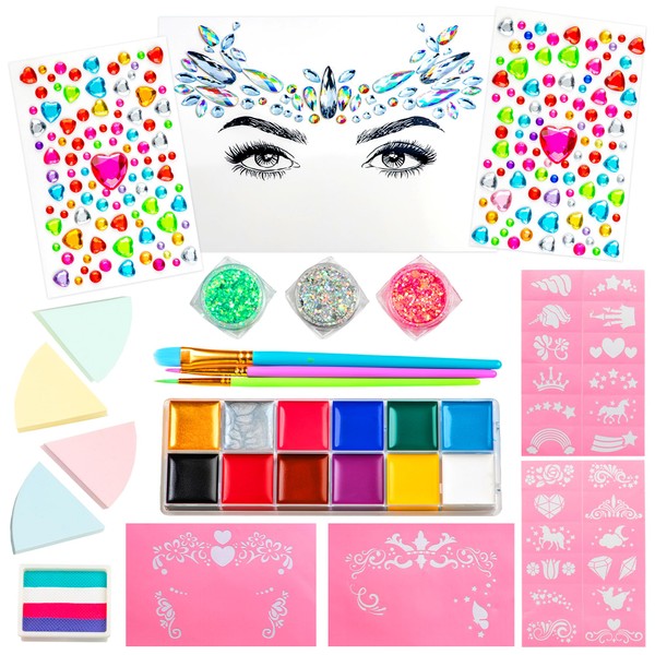 GirlZone Unicorn and Jewels Face Painting Kit, Amazing Face Paints for Children, Gems, Face Paint Brushes, and Face Paint Stencils in 1 Kids Face Paint Set to Create Childrens Face Paints