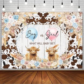 AIBIIN 7x5ft Highland Cattle Gender Reveal Backdrop Boy Or Girl He Or She What Will Baby Be Oh Baby Shower Party Decorations Holy Cow Boho Floral Farm Cow Photography Background Banner Photo Props