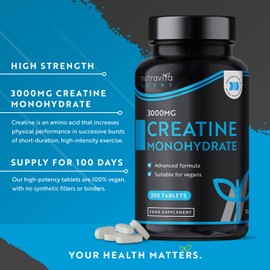 Nutravita Pure Creatine Monohydrate 3000mg - 300 Vegan Tablets - 3+ Months Supply - Improve Endurance and Enhance The Effects of Training and Sport - Pre-Workout to Improve Physical Performance - Nutravita