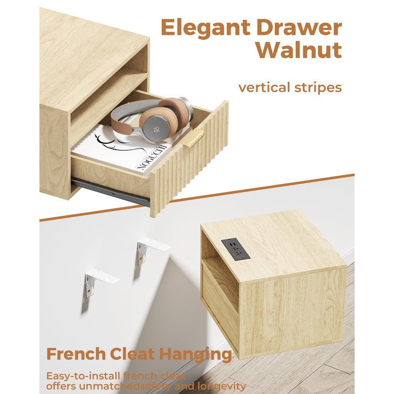 Floating Nightstand Set of 2 - Fluted Night Stand with