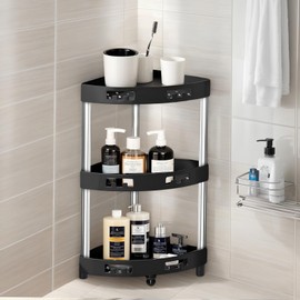 volumoon Floor Standing Shower Shelf, Corner Shower Shelf, Standing Shower Shelf, No Drilling, Corner Shelf, Bathroom Standing, for Bathroom, Shower, Shampoo, Shower Gel (Black, 3 Levels, 34 x 24 x 64