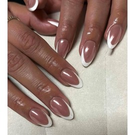 Artquee French Tip Press on Nails Short Chocolate French Shine Almond False Tips Brown White Glossy Reusable Fake Stick on Nails Kit for Women - 30 Pcs 15 Sizes