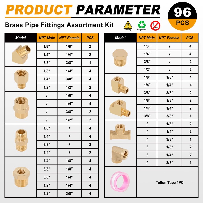 KOOTANS 96PCS Brass Pipe Fittings Assortment Kit - NPT Adapter,
