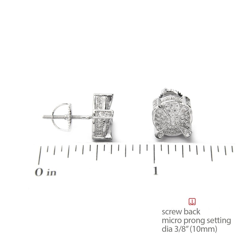 Iced Bling Silver Plated 3D Round Screw Back Stud Earrings