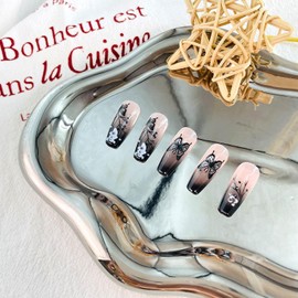 LWTZLW Black Press on Nails French Tip Medium Square False Nails Butterfly Pattern Full Cover Glue ons Nails Short Coffin Acrylic Fake Nail Glossy Artificial Ombre Nails Reusable for Women
