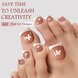 Toe Nail Press Ons, 150pcs Brown Real Square French Tip Press on Toenails for Women, Pre-Designed Soft Gel Toe Nail Tips, Soak off Acrylic Fake Toe Nail Extensions 15 Sizes