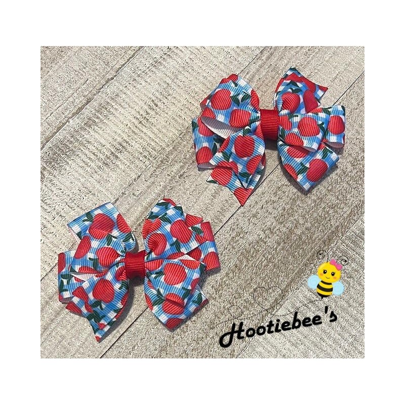 Blue Gingham Apples Toddler Hair Bow Set