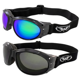 Global Vision Eliminator Padded Motorcycle Riding Goggles 2 Pair Black w/Smoke & Green Mirror Lenses