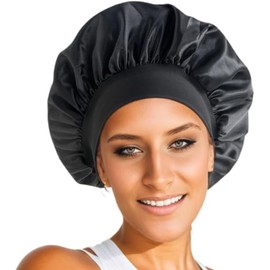 Capó de satén, gorros de seda para dormir con banda elástica ancha, gorro de pelo rizado de satén,Reutilizable y cómodo con banda elástica ancha para mujer ducha (negro)
