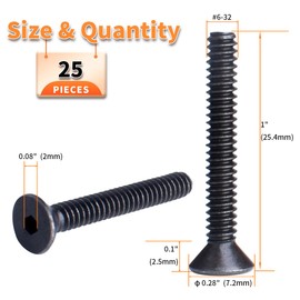 YOUFEN #6-32 X 1 Flat Head Socket Cap Screws 10.9 Grade Carbon Steel Hex Socket Countersunk Screw Bolts, Fully Threaded, Black Oxide, 25 Pcs