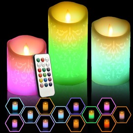 NICEME 3PCS LED Multi Colored Flameless Candles with Remote Timer Color Changing Candles Realistic Wax Battery Operated Candles with Flickering Flame Dancing Wick for Wedding Home, D3xH4 5" 6"