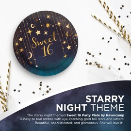 Starry Night Sweet 16, 9" Round Party Paper Plates | 8 Pack, White and Gold Foil Prints, Midnight Blue | Starry Night Birthday Collection