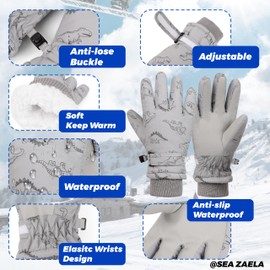 Sea Zaela Waterproof Winter Gloves for Kids Toddler Warm Snow Gloves Boys Girls Ski Gloves Windproof Mittens Youth,Navy Blue Dinosaur,5-8 T