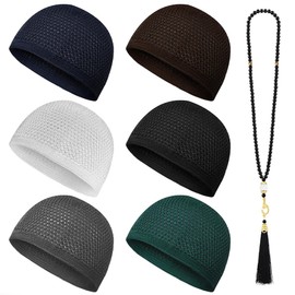 ONART HOME - Kufi Hats for Men Stretchable and Breathable Crochet Taqiyah Soft Islamic Prayer Cap Comfortable Skull Beanie for Large Head Sizes 6 Pack with 99 Beads Tasbih Multi