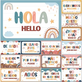 gisgfim 16 Pcs Spanish Words and Phrases Poster Set Spanish Phrases Bulletin Board Study Spanish Classroom Decoration for Teachers Preschool School Classroom Language Classroom Educational Decor(Boho)