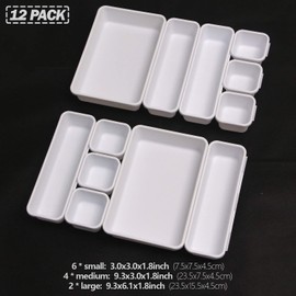 Set of 12 Interlocking Desk Drawer Organizer Tray Dividers Plastic Shallow Narrow Drawers Organizers Separators Storage Bins Container for Kitchen Bathroom Makeup Office Vanity Bedroom Dresser White