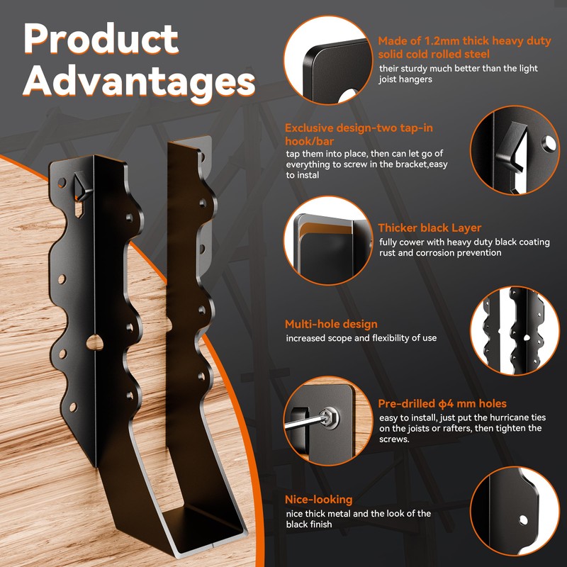 25 Pcs Black Joist Hangers 2x8, Rafter Brackets , Hurricane