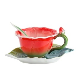 Beddinginn Ceramic Teacup and Saucer Set Red Color Rose Floral Design For Valentine's Day Mother's Day Thanksgiving Christmas Gift 6 Oz