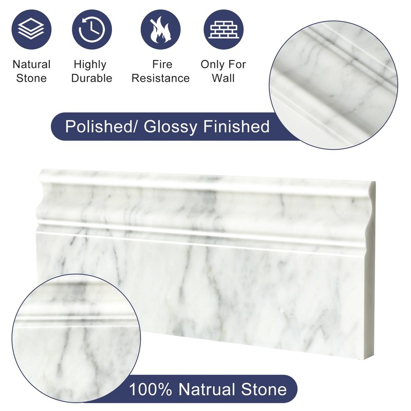 Retheno 4 Pack Carrara White Marble Baseboard Trim Molding 5