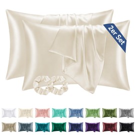 BEDELITE Similar to Silk Pillowcase Pillow Cover 40 x 60 cm Beige Satin Pillowcase Set of 2 Soft as Silk Pillowcase 40 x 60 cm Summer with 2 Hair Bobbles for Hair and Skin