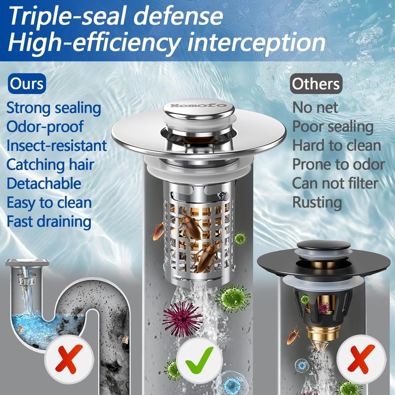 3-in-1 Bathroom Sink Drain Strainer, Stainless Steel Pop-up Strainer Basket