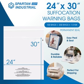 Spartan Industrial - 24" X 30" (200 Count) Self-Seal Clear Poly Bags With Suffocation Warning for Packaging, Shipping, Decor - Permanent Adhesive