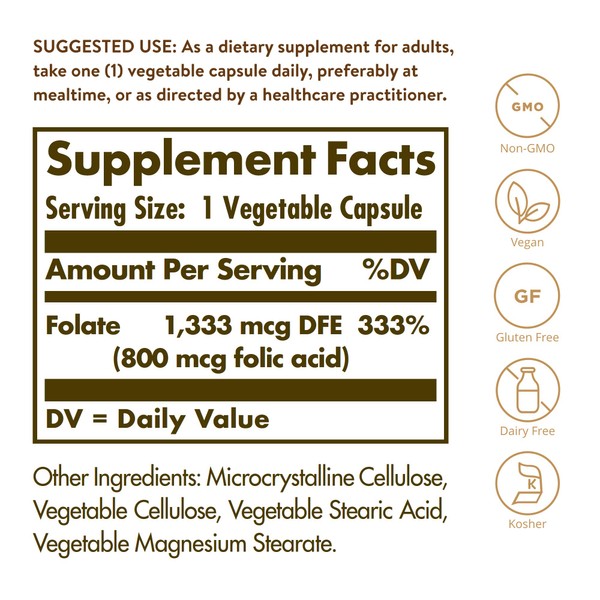 Solgar - Folic Acid 800 mcg, 250 Vegetable Capsules - 2 Pack