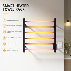 AquivaCoast Towel Warmer Rack, Heated Towel Racks for Bathroom, Wall Mounted Towel Warmer, Stainless Steel 6-Bars Drying Rack with Intelligent Touch Screen Timer, Matte Black