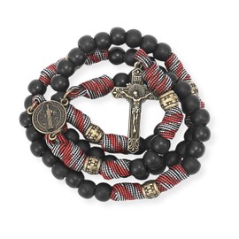 Nazareth Store Antique Bronze St Benedict Paracord Rosary Black Matte Beads Red White Rugged Rosary Strong Corded Necklace with INRI Cross