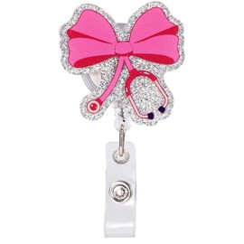 BOXOB Pink Bow Nurse Badge Reel, 360° Rotation Articulator Cute Clip Cute Nursing Badge Reel ID Holder for RN LPN CNA Doctors Teachers Healthcare Workers Decor Gifts