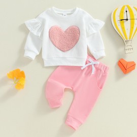 Kavousa Toddler Baby Girl Clothes Heart Ruffles Long Sleeve Sweatshirt Sweatpants Set Infant Fall Winter Outfits (A Pink, 0-6 Months)