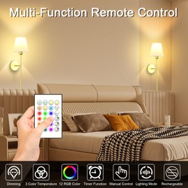 GODENBA Battery Operated Wall Sconce Set of 2 - Rechargeable Wireless Wall Lights with Remote, 6000mAh Dimmable Bulbs with 15 Colors, Wall Decor for Living Room, Bedroom, and Hallway (Gold)