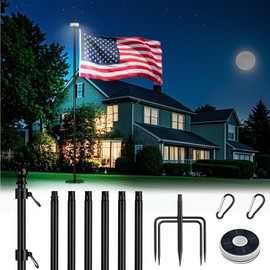 FIASON 9 FT Stainless Steel Tangle Free Flag Pole in Ground with 5 Pronges Base with Solar Flag Pole Light for American Flag Outside House Ground Flag Pole or Commercial Flag Poles Kit Black