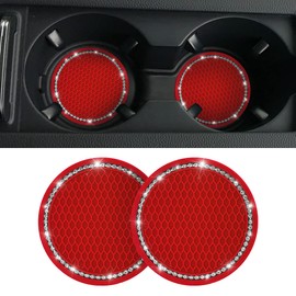 2PCS Universal Bling Cup Coaster, Rhinestone Car Accessories 2.75 inch Cup Holder Insert Mat Pad Set, Suitable for Most Car Interior (Red/White)
