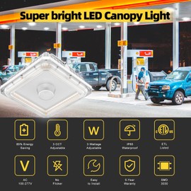 ORRGENA LED Canopy Lights 100W/80W/60W Adjustable, 5000K/4000K/3000K Adjustable, ETL&DLC Listed Square Canopy Lights 10" x 10", IP65 Waterproof Canopy Light AC100-277V for Gas Station