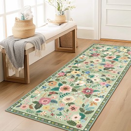RELEANY Floral 2x6 Area Rug Machine Washable Soft Print Boho Carpet Non Slip Doormat Low Pile Flower Area Rugs for Living Room Bedroom Nursery Kitchen Dining Room Indoor-Light Green