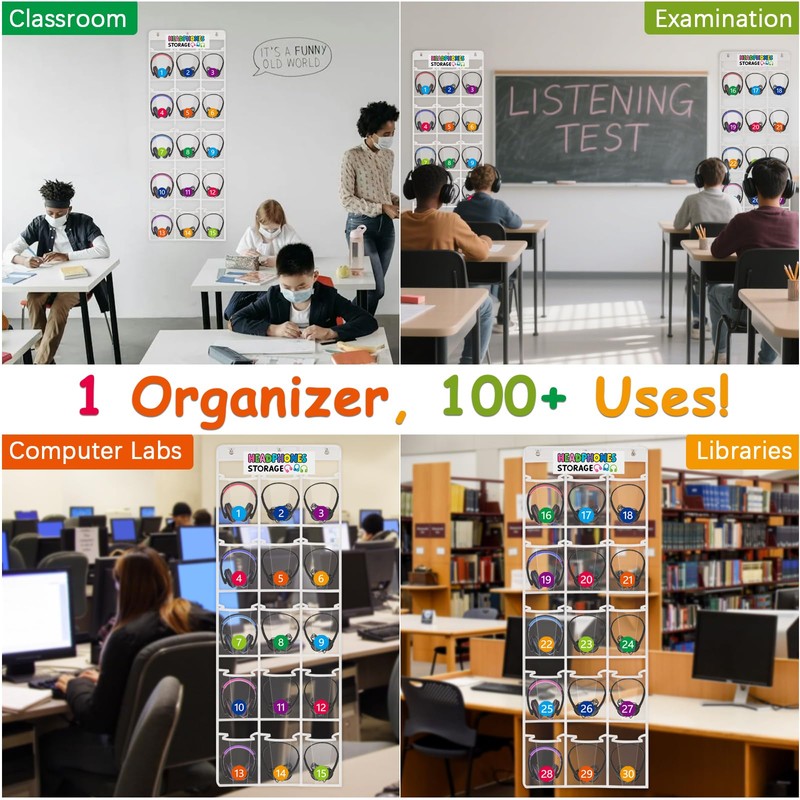 2 Pack Classroom Headphone Storage Organizer with 30 Pockets, PVC