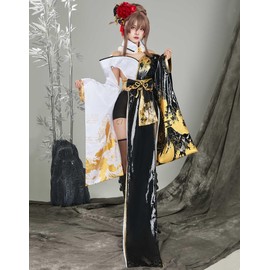 Cosplay.fm Women Game Cosplay Costume Goddess Kimono Top and Shorts with Waistband and Headpiece (black and white, S)