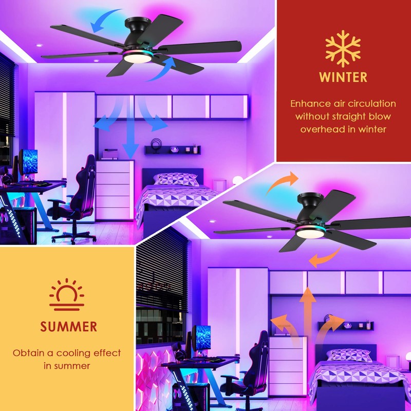 Mpayel Ceiling Fans with Lights- 52" RGB Low Profile Indoor