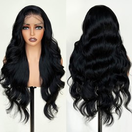 Black Glueless Wigs for White Women 26 Inch Pre Layered Body Wave Synthetic lace front Wigs - Pre Plucked 13×6 HD Lace Front Synthetic Wig Pre Plucked with Tiny Knots Natural Hairline Wear and Go