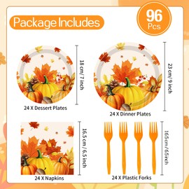 Lianxuia 96Pcs Fall Plates and Napkins Sets, Pumpkin Maple Leaf Thanksgiving Decor, Disposable Autumn Paper Dinnerware for Fall Harvest Party Thanksgiving Decorations, Serves 24 Guests